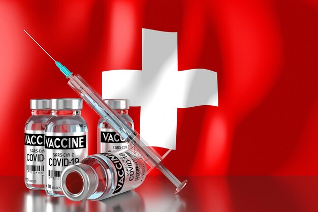 Foto programma di vaccinazione contro il coronavirus covid19 sarscov2 in svizzera quattro fiale e illustrazione 3d della siringa