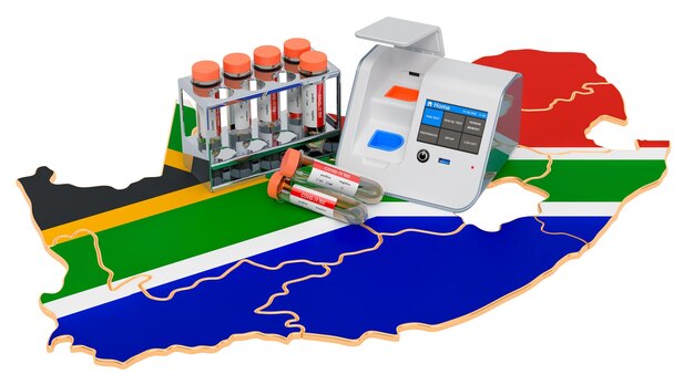 Фото Тестирование covid-19 в южной африке концепция labinabox тест с носовыми пробками на южноафриканской карте 3d-рендеринг