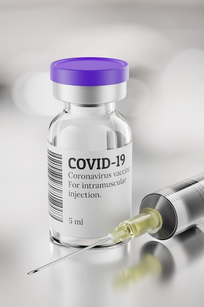 COVID19-vaccinflesje en spuit op grijze achtergrond 3D-rendering illustratie