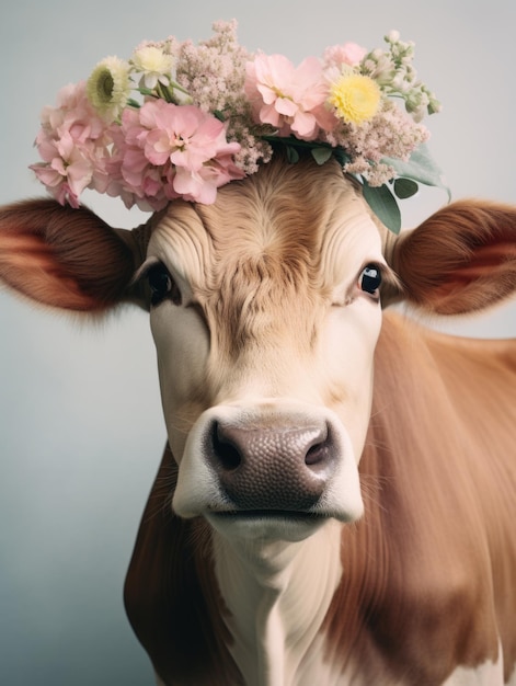 Cow adorned with floral crown Nature meets farm life concept