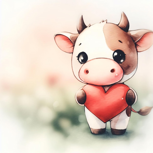 Photo cow animal holding a red heart love card illustration