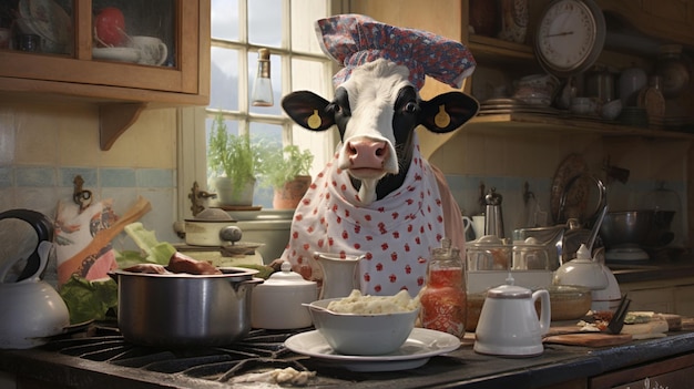 Photo a cow in an apron and hat cooking in a kitchen