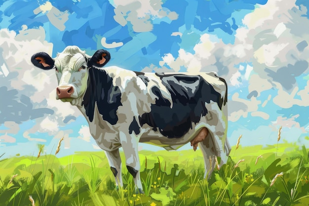 cow on the background of sky and green grass