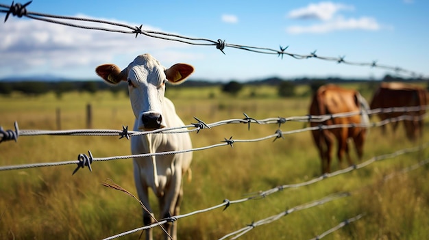 Foto una mucca dietro una recinzione di filo spinato con una mucca dietro.