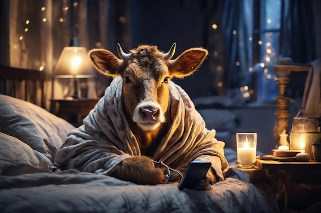 Корова в постели с одеялом держит смартфон в руках Концепция бессонницы