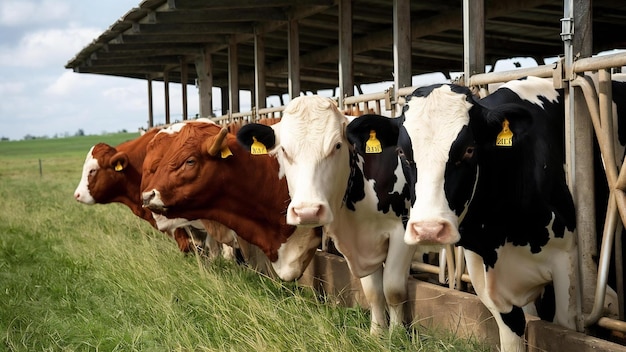 Корова и быки в конюшне на ферме