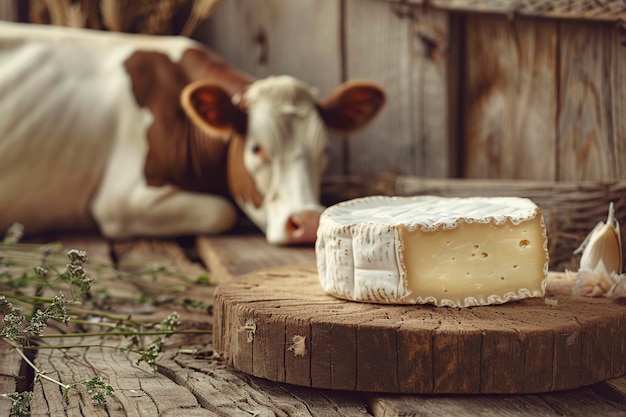 cow and a cheese on a table in the village