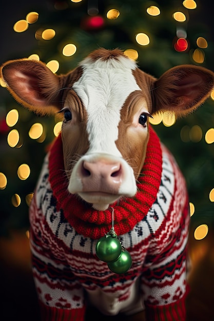 Корова в рождественском свитере
