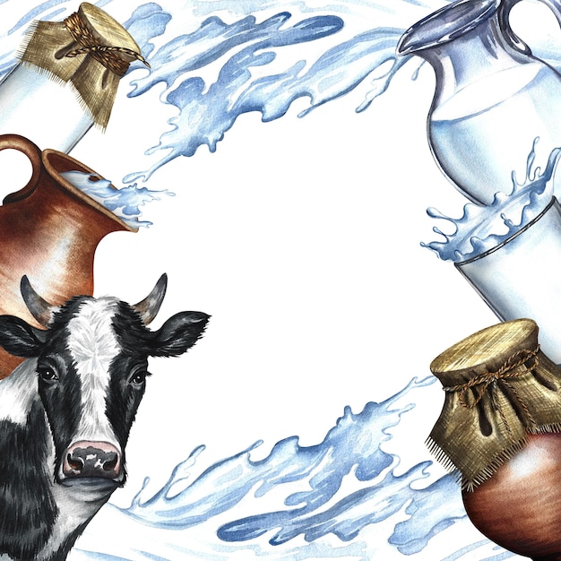 Cow and dairy products in ceramic and glassware frame Watercolor hand drawn illustration