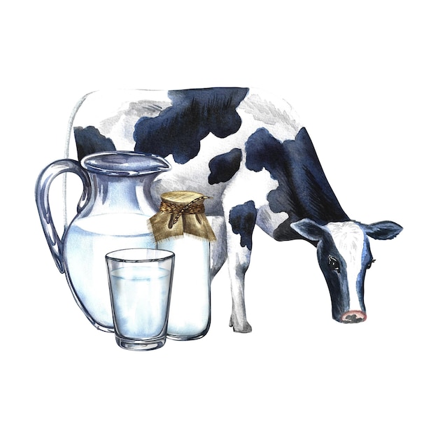 Cow and dairy products in a glass bowl Watercolor hand drawn illustration On a white background