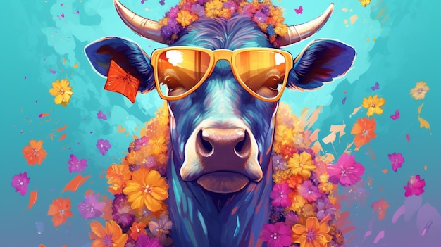 a cow dressed in flowers are wearing sunglasses in the Generative Ai