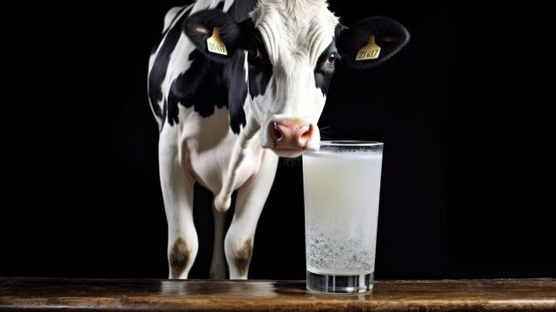 a cow drinking from a glass of milk.