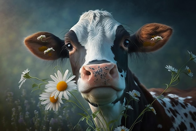 A cow in a field of daisies