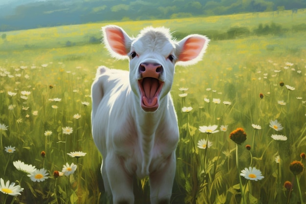 A cow in a field of flowers is smiling and has a big smile on his face.