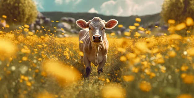 A cow in a field of flowers with the sky in the background