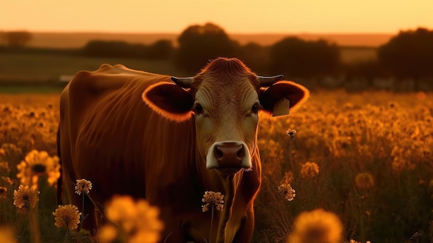 A cow in a field of flowers with the sun setting behind it