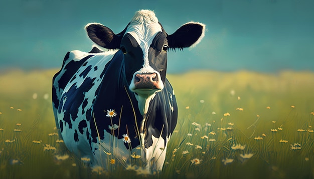 A cow in a field of flowers