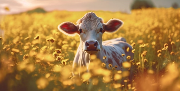 A cow in a field of flowers