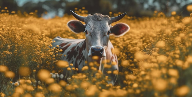 A cow in a field of flowers