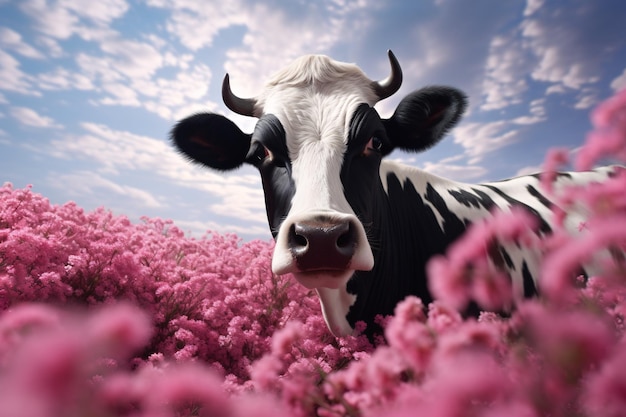 Photo a cow in a field of pink flowers