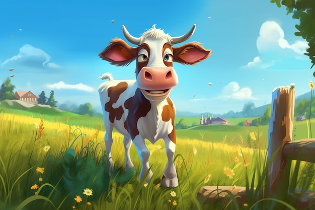 A cow in a field with a blue sky and clouds