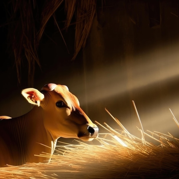 Photo a cow in a field with light shining on it