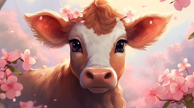 a cow in a field with a pink flowers high quality illustration Generative AI