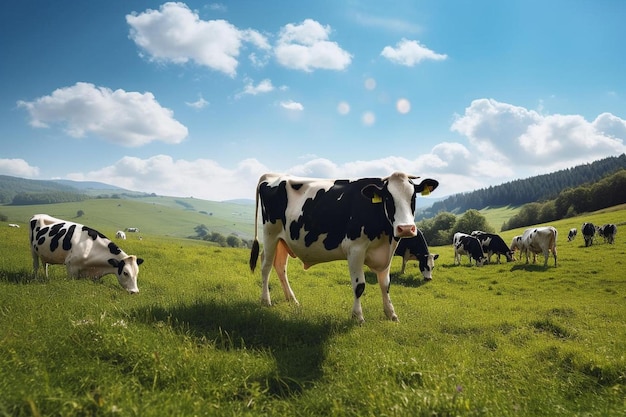 a cow in a field with a sky background