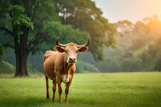 A cow in a field with trees in the background