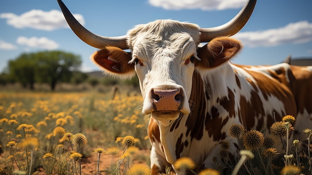 cow in a field of yellow flowers on a background of blue sky