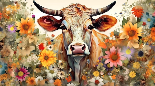 A cow in a flower field