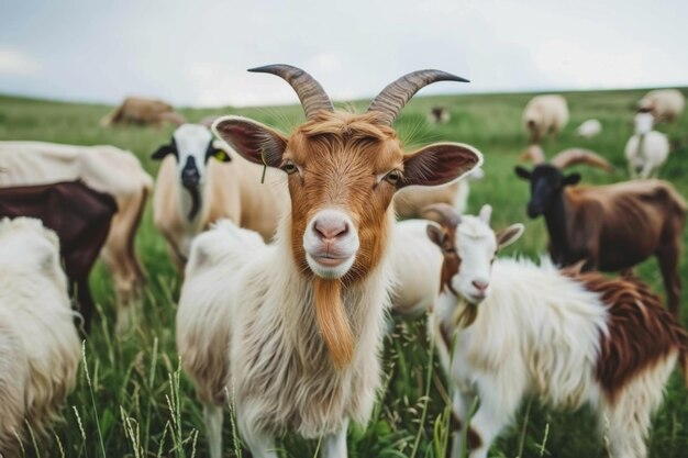 写真 野原の牛やヤギの牧場生態学的な地元の農場残虐行為なし動物の安全幸せ群れ群れの牛乳