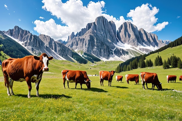 高山草原で放牧されている牛 ジェネレーティブ AI