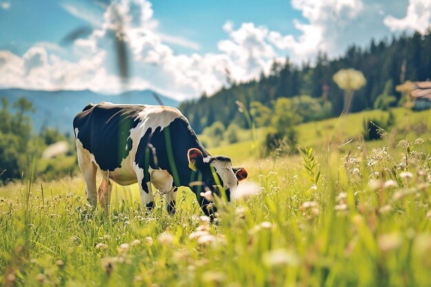 Cow grazing on a green meadow in the mountains