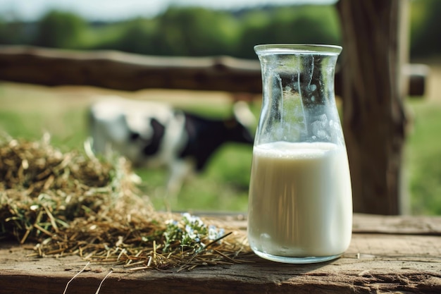 Photo cow grazing on meadow with milk and hay