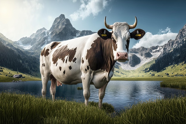 Cow on green grass with mountains in background