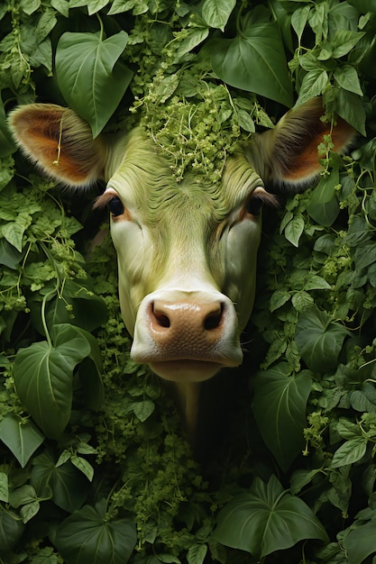 Photo cow in the green leaves conceptual image of healthy eating