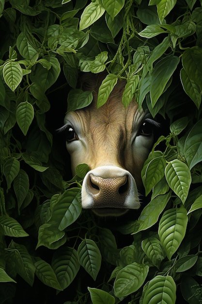 Корова в зеленых листьях