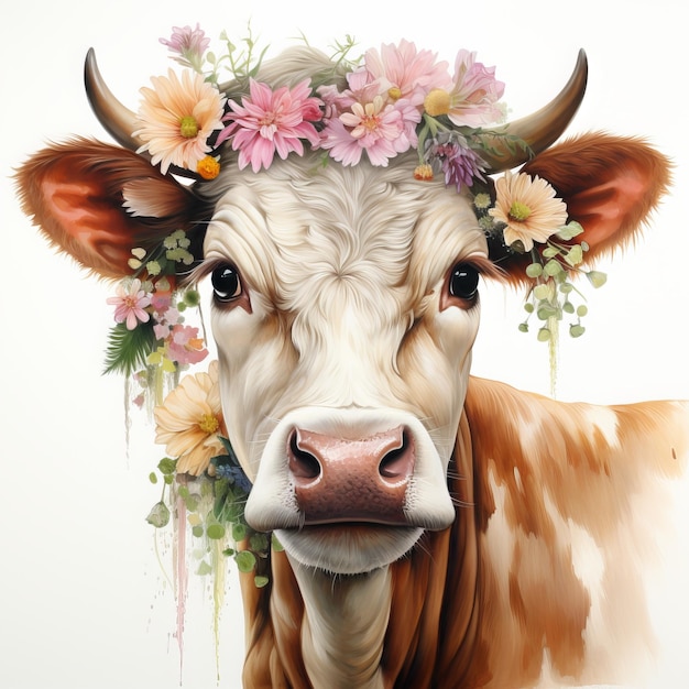 Photo cow head with flowers on a white background digital painting illustration