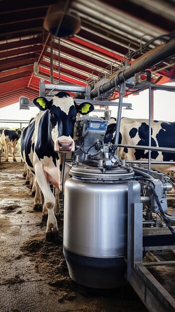 Photo a cow is being milked by a cow in a barn