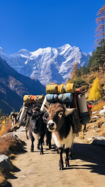 a cow is carrying a load of bags on its back