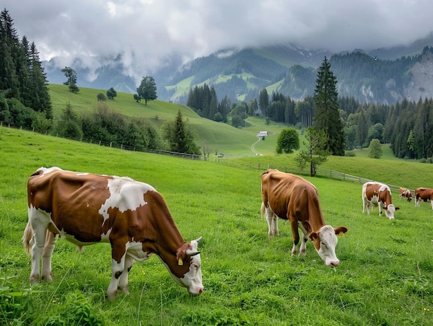 Корова ест траву в поле с горами на заднем плане