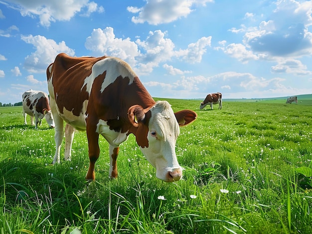 a cow is eating grass in a field with other cows