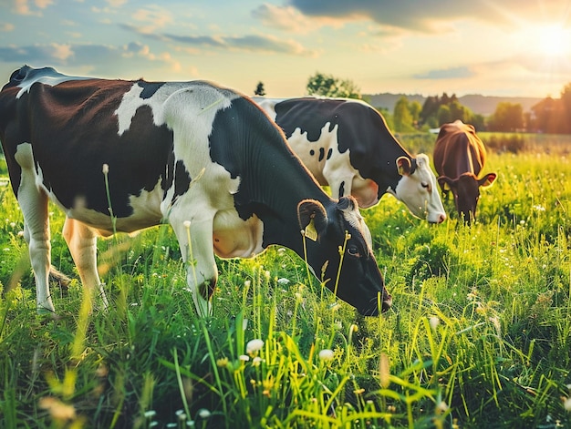 a cow is eating grass in a field with a sunset in the background