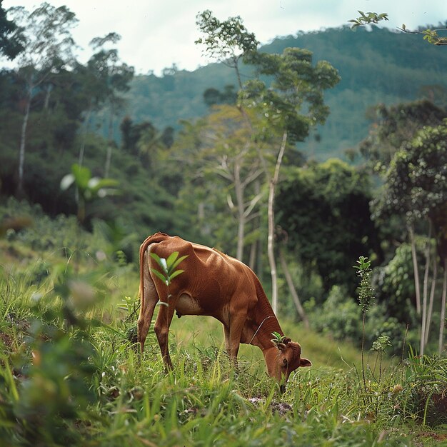 Photo a cow is eating grass in a field