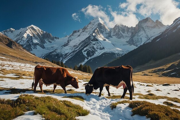 Photo a cow is eating grass in the snow