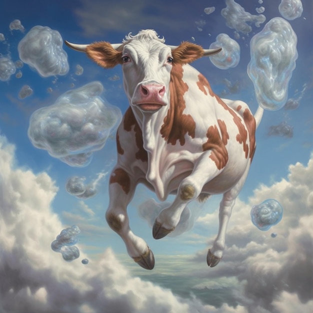 Photo a cow is flying through the clouds and is in the air.