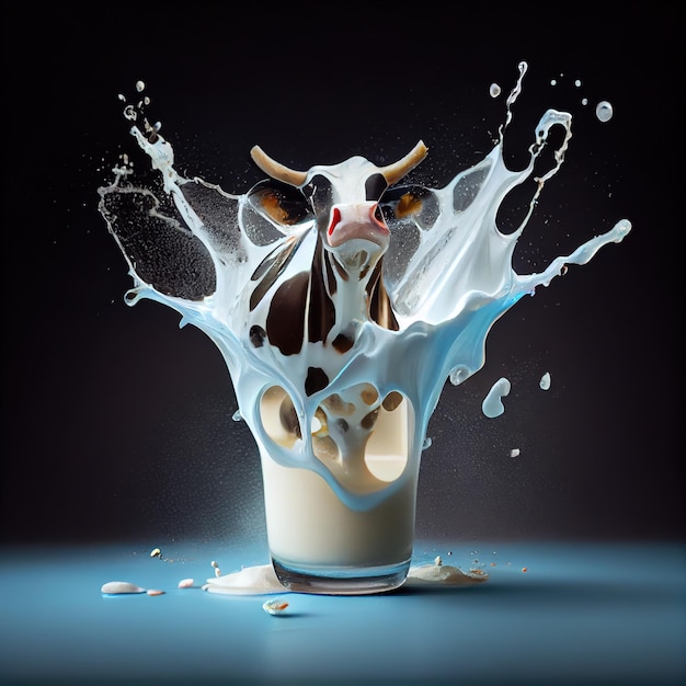 A cow is in a glass of milk and it is pouring out of it.