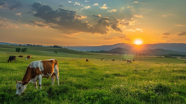 Photo a cow is grazing in a field with a sunset in the background