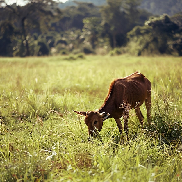 Photo a cow is grazing in a field with trees in the background